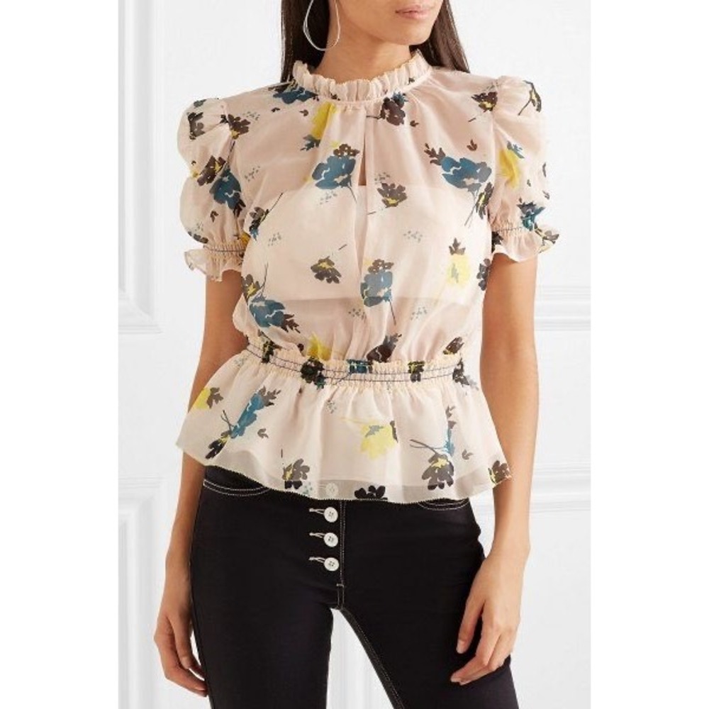 Self-Portrait Floral Ruffle Trim Mock Neck Short Sleeve Peplum Top US 2‎